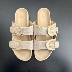 Time and Tru Women’s Tan Double Buckle Woven Slide Sandals
